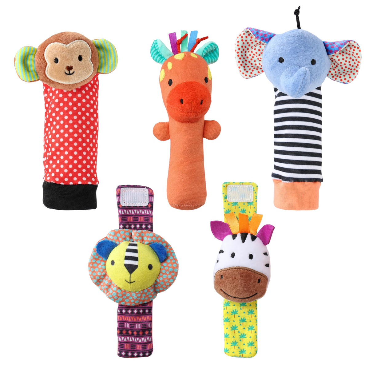 The Peanutshell Sock Rattles Set of 5 - Girl Boy Baby Rattle Socks Soft Toys 0-6-12 Month Infant Toys High Contrast Baby Toys for Newborn New Born Toys 0-3 0-6 Months Old Babies Gift - Safari Baby