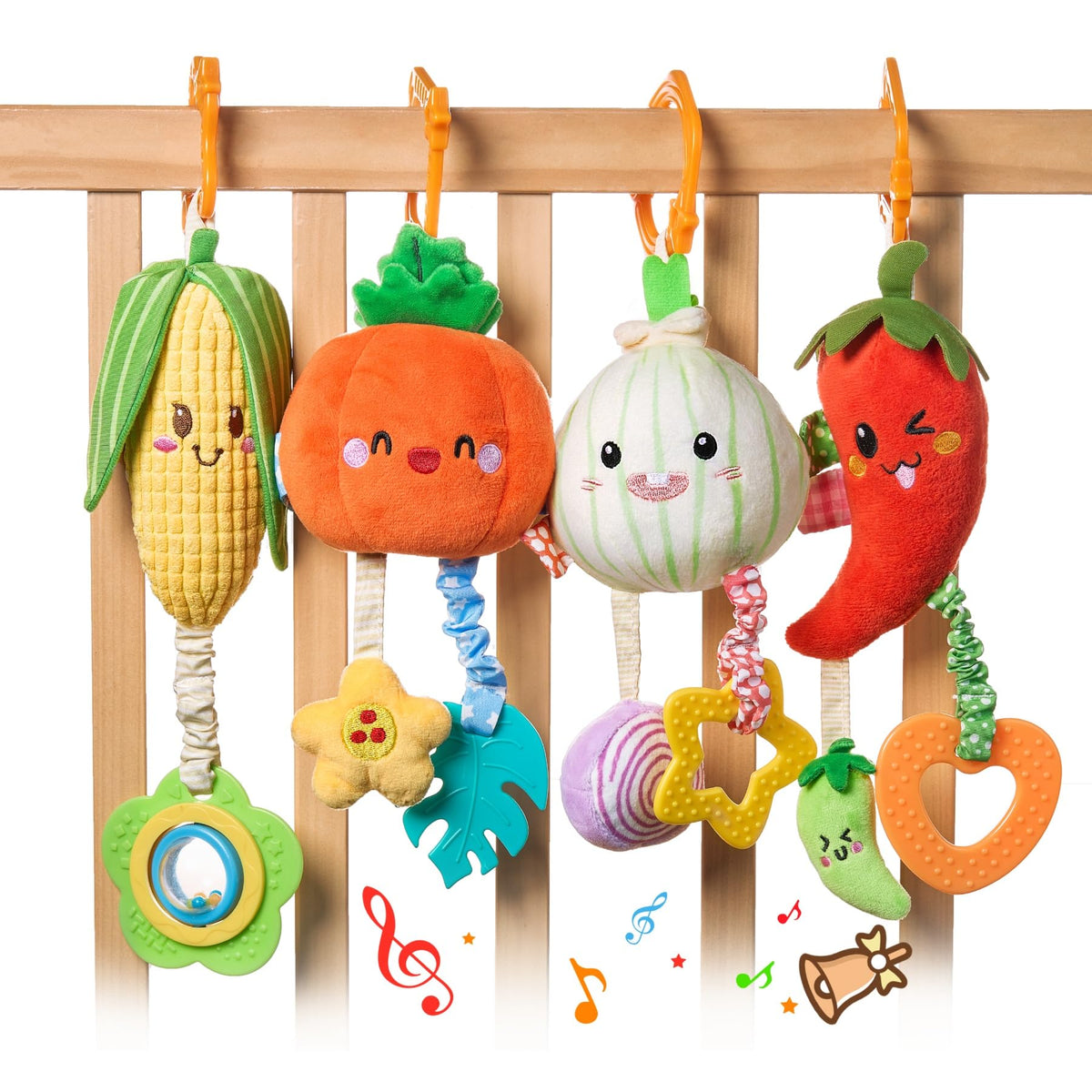 TUMAMA Hanging Baby Toys 4 Pack Vegetable Crib Stroller Baby Gym Mobile Plush Toys Early Baby Cognitive Sensory Hanging Rattle Toys with Teether. Suitable for Babies 0 3 6 9 12 Months