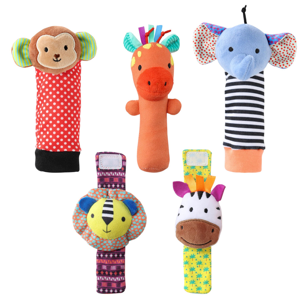 The Peanutshell Sock Rattles Set of 5 - Girl Boy Baby Rattle Socks Soft Toys 0-6-12 Month Infant Toys High Contrast Baby Toys for Newborn New Born Toys 0-3 0-6 Months Old Babies Gift - Safari Baby
