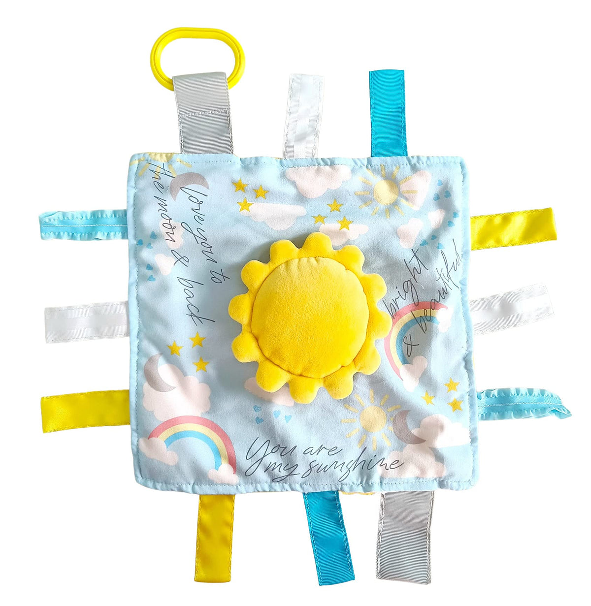 Baby Jack & Co 10x10 Sunshine Lovey Tag Toys for Babies - Baby Toys - Toys for Baby - Soft & Safe - Learn Shapes & Colors - Ideal Baby Toy & Baby Gift - BPA Free w/Stroller Clip