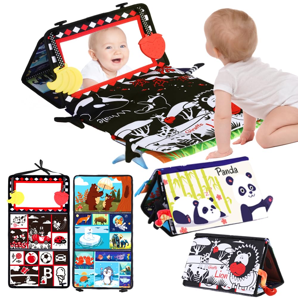 Baby Toys 0-6 Months - 15 Inch Tummy Time Toys with Soft Cloth Book & Teethers & Baby Mirror Toys High Contrast Baby Toys for Newborn Montessori Infant Sensory Toys for Baby Boy Girl Activity Gifts